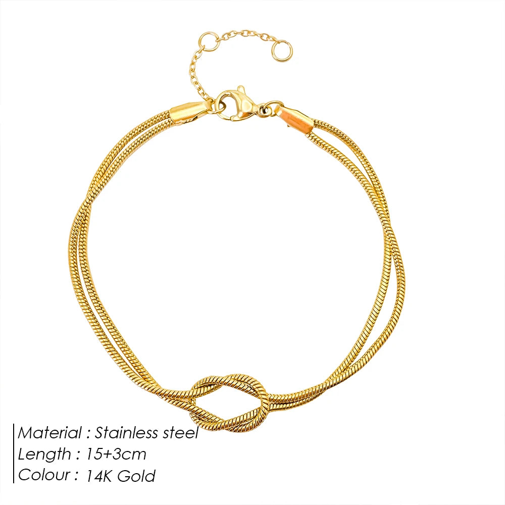 Modessie Fashion High Quality Stainless Steel Gold Plated Bracelets Classic Round Snake Chain Knotted Simple Accessories
