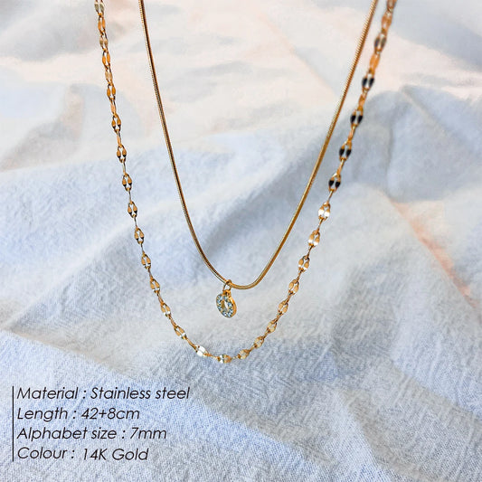 Modessie Double Stainless Steel Round Snake Chain Necklace Light Luxury Zirconia Alphabet Pendant A-Z High-end Fashion Jewelry