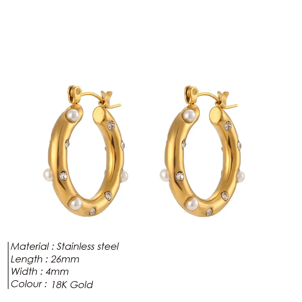 Modessie New Stainless Steel High Grade Rhinestone Earrings Vintage Faux Pearls Women's Hoop Jewelry