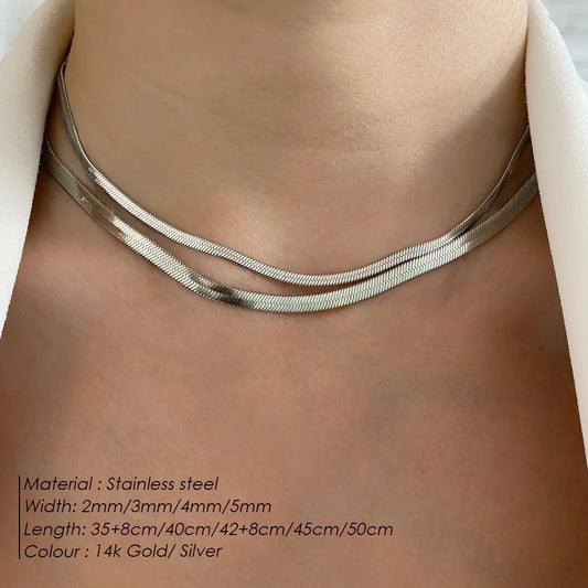 Modessie Unisex Snake Chain Necklace Silver Color Choker Stainless Steel Herringbone Chain Necklace For Women