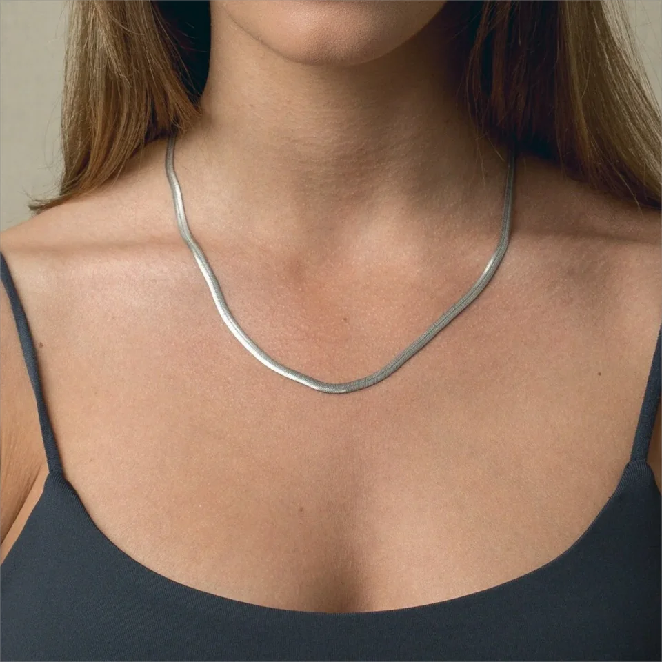 Modessie Unisex Snake Chain Necklace Silver Color Choker Stainless Steel Herringbone Chain Necklace For Women