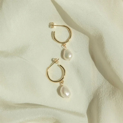 Modessie Fashion Natural Freshwater Pearl Pendant Earrings Large Hoop Stainless Steel Gold Color Earrings
