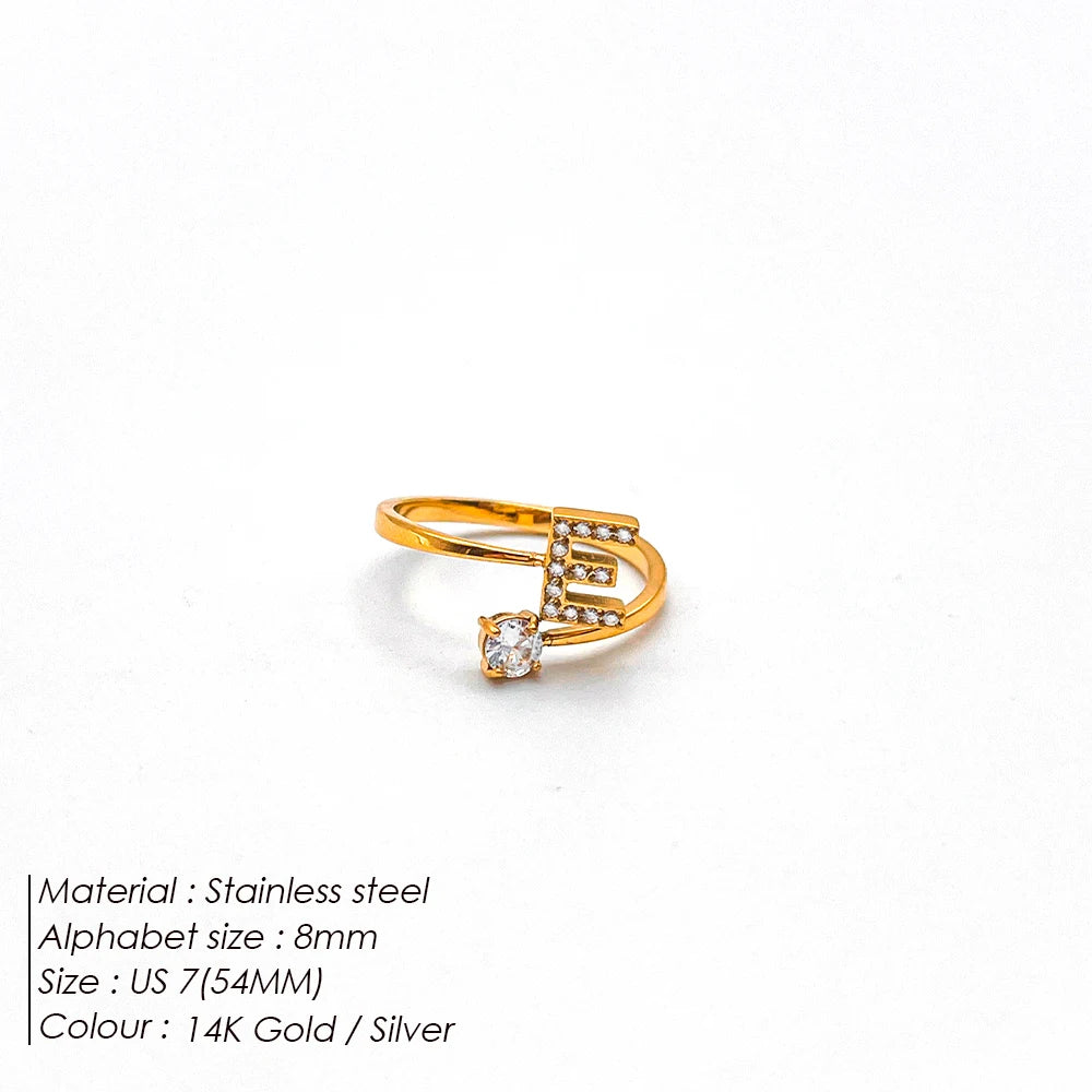 Modessie Classic Fashion Jewelry A-Z 26 Letters Ring Simple Stainless Steel Shiny Zirconia