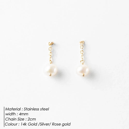 Modessie New Freshwater Pearl Dangle Earring Stainless Steel Chain Earrings