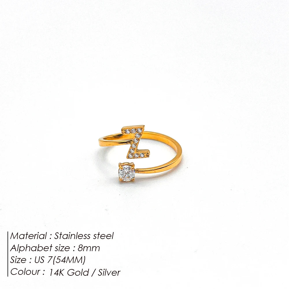 Modessie Classic Fashion Jewelry A-Z 26 Letters Ring Simple Stainless Steel Shiny Zirconia