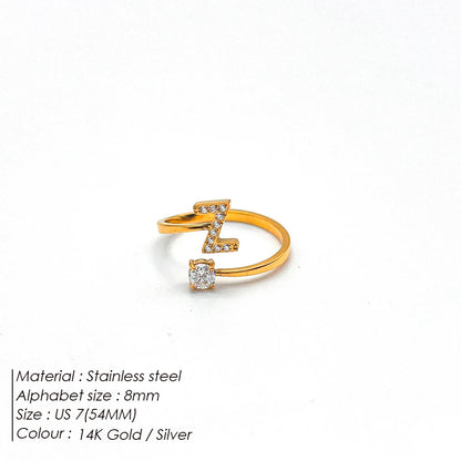 Modessie Classic Fashion Jewelry A-Z 26 Letters Ring Simple Stainless Steel Shiny Zirconia