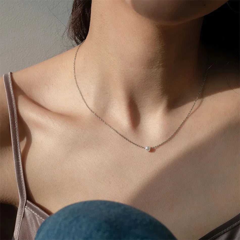 Modessie 5MM Imitation pearls Pendant Necklace for Women Choker Necklace Women Stainless Steel Necklace Fashion Jewelry