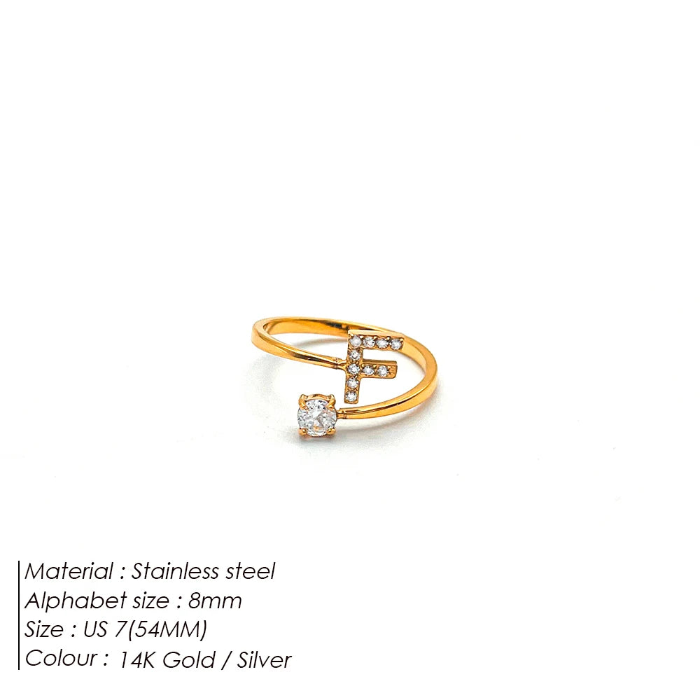 Modessie Classic Fashion Jewelry A-Z 26 Letters Ring Simple Stainless Steel Shiny Zirconia