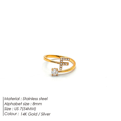 Modessie Classic Fashion Jewelry A-Z 26 Letters Ring Simple Stainless Steel Shiny Zirconia