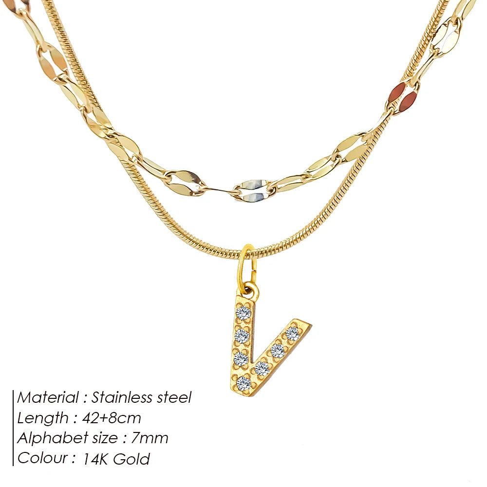 Modessie Double Stainless Steel Round Snake Chain Necklace Light Luxury Zirconia Alphabet Pendant A-Z High-end Fashion Jewelry
