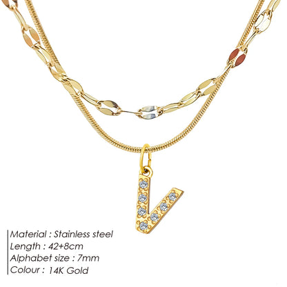 Modessie Double Stainless Steel Round Snake Chain Necklace Light Luxury Zirconia Alphabet Pendant A-Z High-end Fashion Jewelry