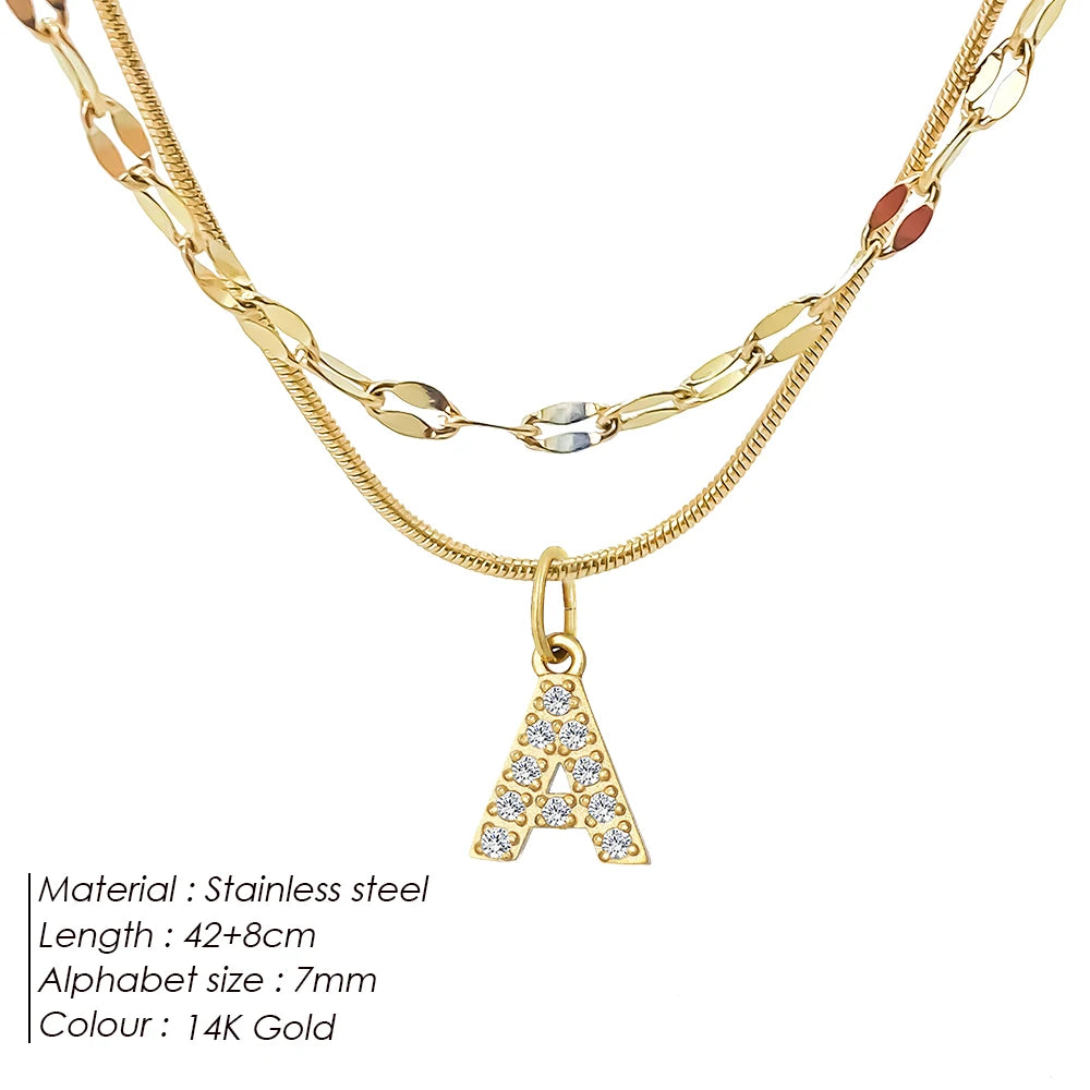 Modessie Double Stainless Steel Round Snake Chain Necklace Light Luxury Zirconia Alphabet Pendant A-Z High-end Fashion Jewelry