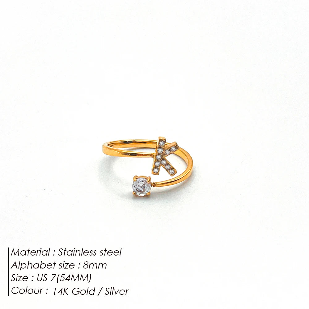 Modessie Classic Fashion Jewelry A-Z 26 Letters Ring Simple Stainless Steel Shiny Zirconia