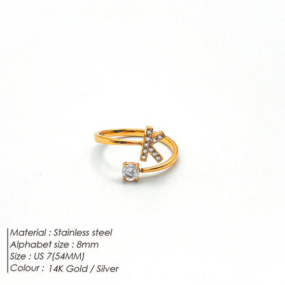 Modessie Classic Fashion Jewelry A-Z 26 Letters Ring Simple Stainless Steel Shiny Zirconia