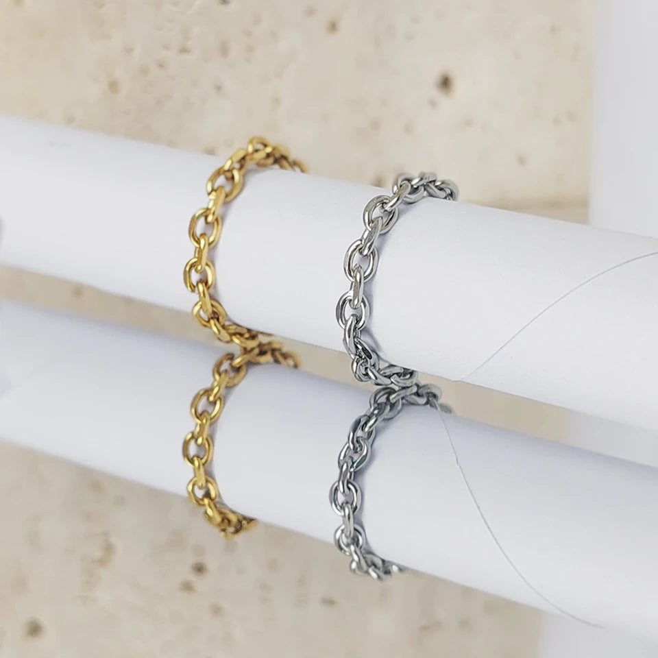 Modessie 3mm Thick Chunky Chain Ring Cuban Curb Link Gold or Silver Color Filled Stainless Steel Stylish Ring for Women Girls