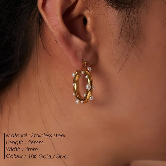 Modessie New Stainless Steel High Grade Rhinestone Earrings Vintage Faux Pearls Women's Hoop Jewelry