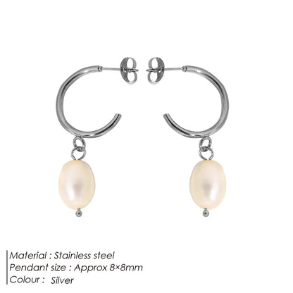 Modessie Fashion Natural Freshwater Pearl Pendant Earrings Large Hoop Stainless Steel Gold Color Earrings