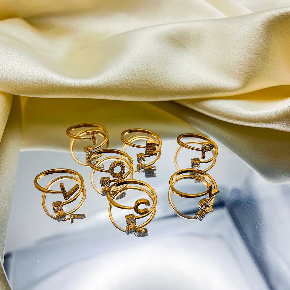 Modessie Classic Fashion Jewelry A-Z 26 Letters Ring Simple Stainless Steel Shiny Zirconia