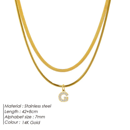 Modessie 14K Gold Plated Herringbone Snake Chain Double Zirconia Letter Pendant Necklace Stainless Steel