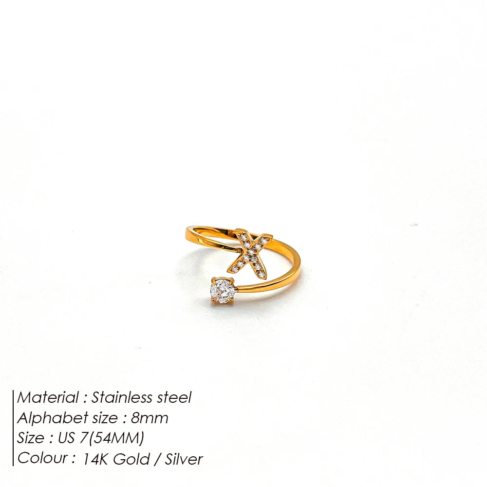 Modessie Classic Fashion Jewelry A-Z 26 Letters Ring Simple Stainless Steel Shiny Zirconia