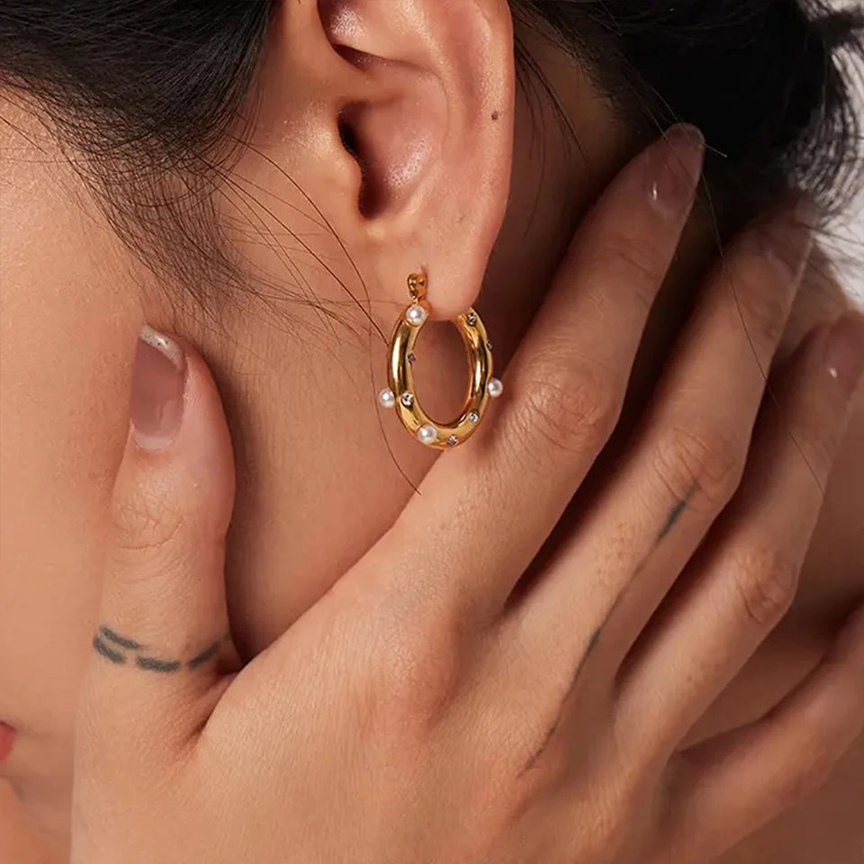 Modessie New Stainless Steel High Grade Rhinestone Earrings Vintage Faux Pearls Women's Hoop Jewelry