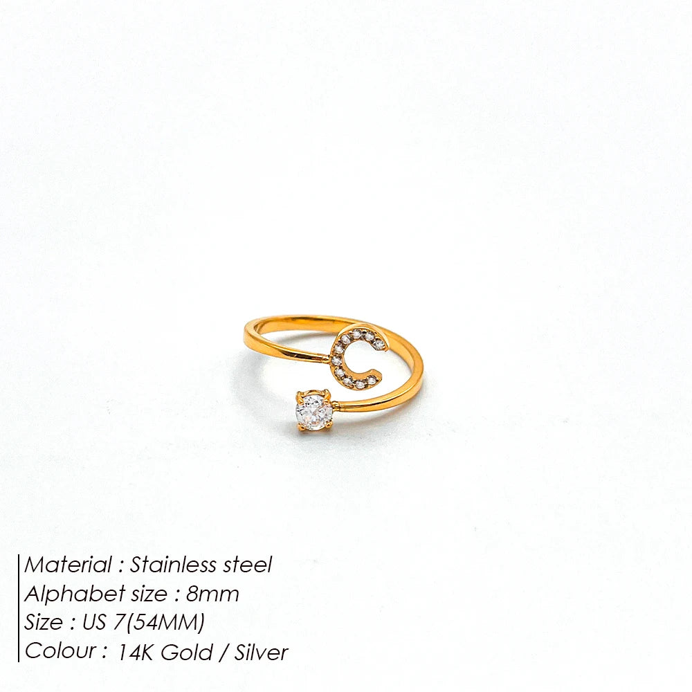Modessie Classic Fashion Jewelry A-Z 26 Letters Ring Simple Stainless Steel Shiny Zirconia