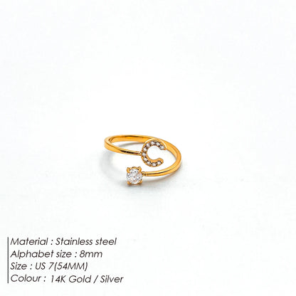 Modessie Classic Fashion Jewelry A-Z 26 Letters Ring Simple Stainless Steel Shiny Zirconia