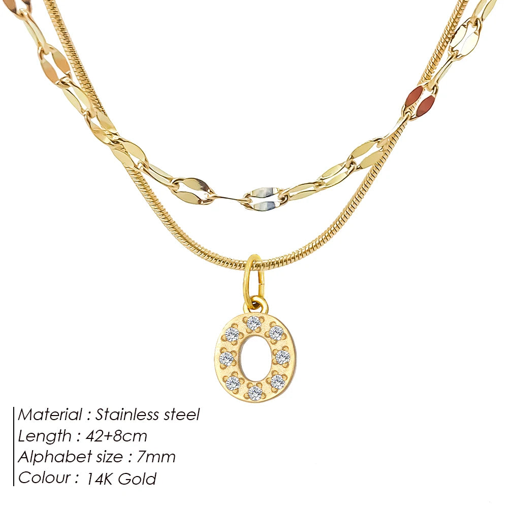 Modessie Double Stainless Steel Round Snake Chain Necklace Light Luxury Zirconia Alphabet Pendant A-Z High-end Fashion Jewelry