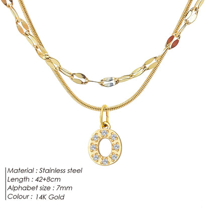 Modessie Double Stainless Steel Round Snake Chain Necklace Light Luxury Zirconia Alphabet Pendant A-Z High-end Fashion Jewelry