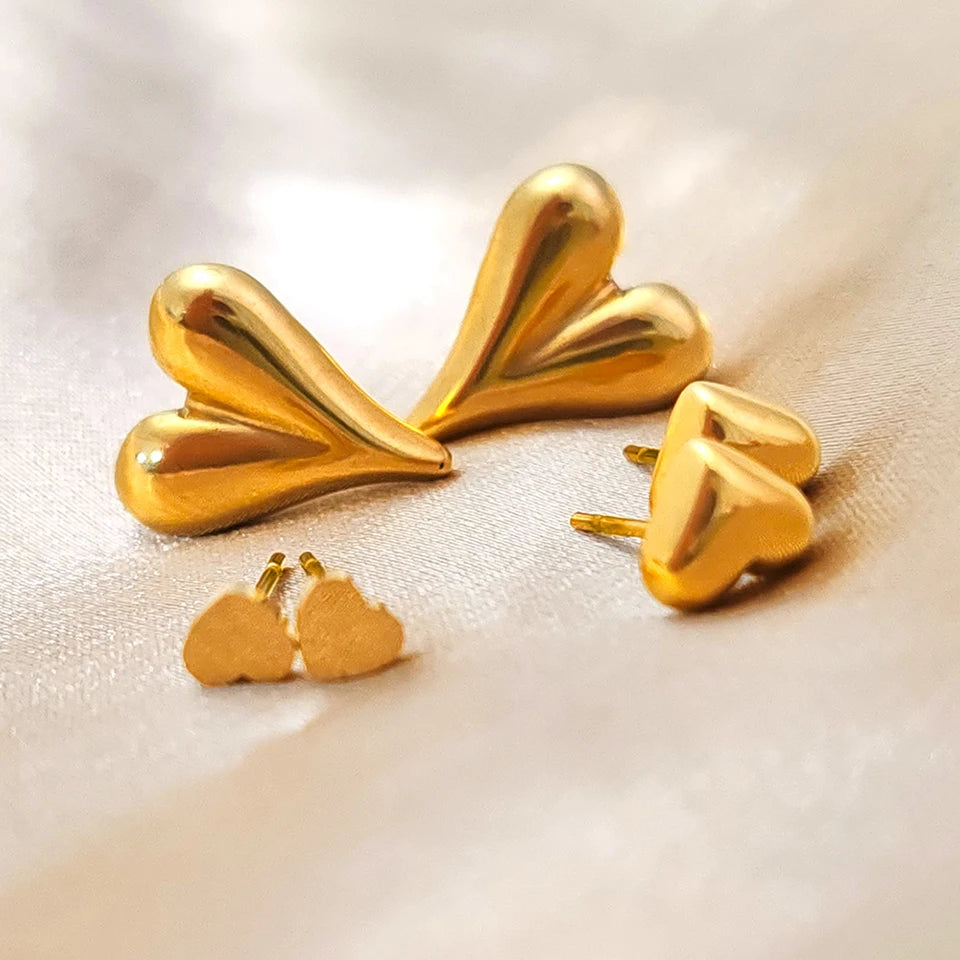 Modessie Golden Heart Earrings Set Stainless Steel Stud Piercing Earrings  Minimalist Style for Women's Jewelry