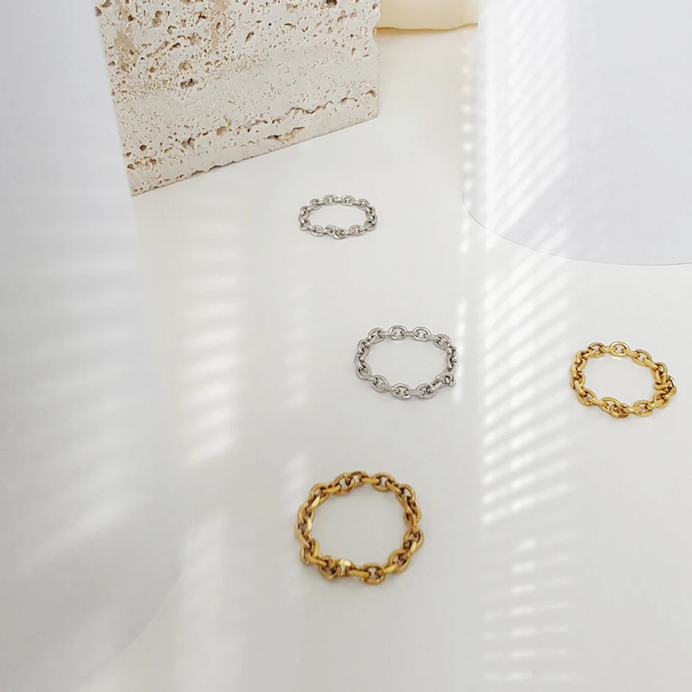 Modessie 3mm Thick Chunky Chain Ring Cuban Curb Link Gold or Silver Color Filled Stainless Steel Stylish Ring for Women Girls