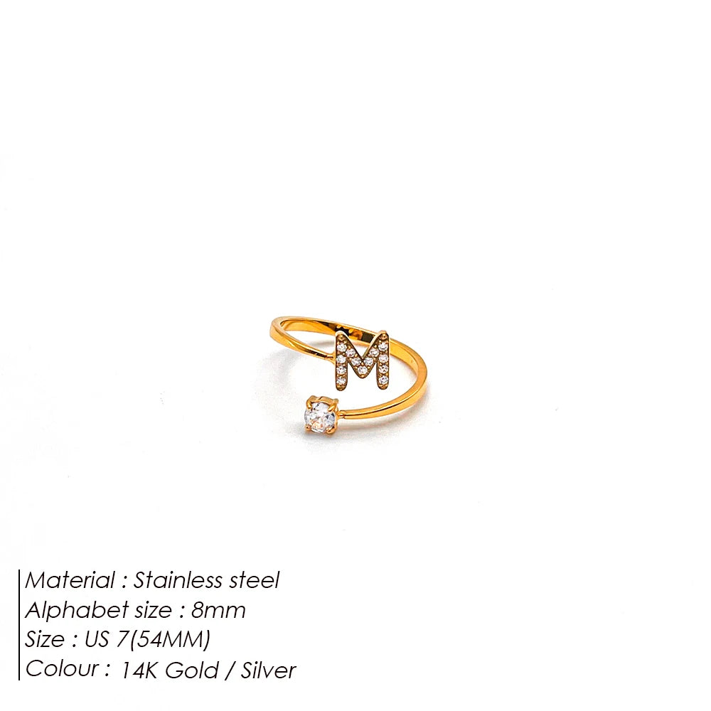 Modessie Classic Fashion Jewelry A-Z 26 Letters Ring Simple Stainless Steel Shiny Zirconia