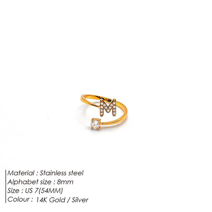 Modessie Classic Fashion Jewelry A-Z 26 Letters Ring Simple Stainless Steel Shiny Zirconia