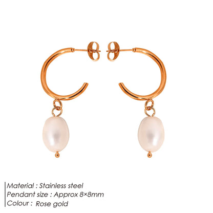 Modessie Fashion Natural Freshwater Pearl Pendant Earrings Large Hoop Stainless Steel Gold Color Earrings