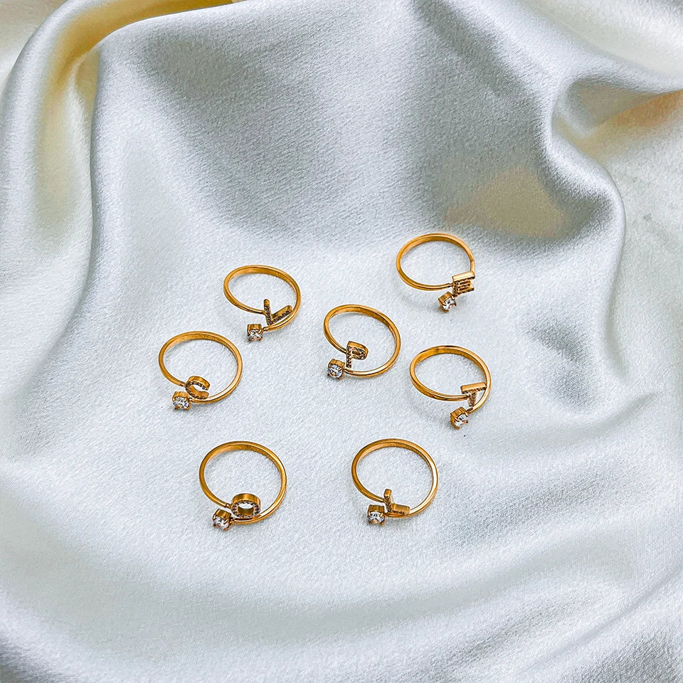 Modessie Classic Fashion Jewelry A-Z 26 Letters Ring Simple Stainless Steel Shiny Zirconia