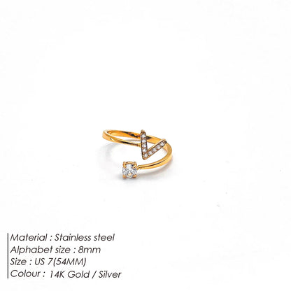 Modessie Classic Fashion Jewelry A-Z 26 Letters Ring Simple Stainless Steel Shiny Zirconia