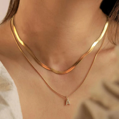 Modessie 14K Gold Plated Herringbone Snake Chain Double Zirconia Letter Pendant Necklace Stainless Steel