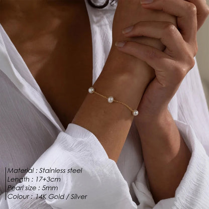 New Trend Dainty Vintage Stainless Steel Single Layer Chain Pearl Bracelet Modessie Summer Jewelry