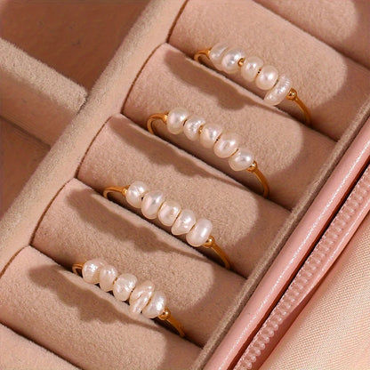 Modessie Fashion Freshwater Pearls High Quality Stainless Steel Gold-Plated Round Rings Holiday Jewelry