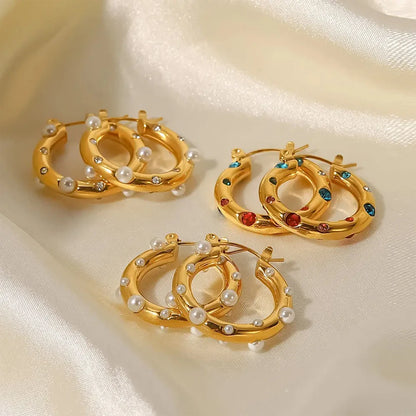 Modessie New Stainless Steel High Grade Rhinestone Earrings Vintage Faux Pearls Women's Hoop Jewelry