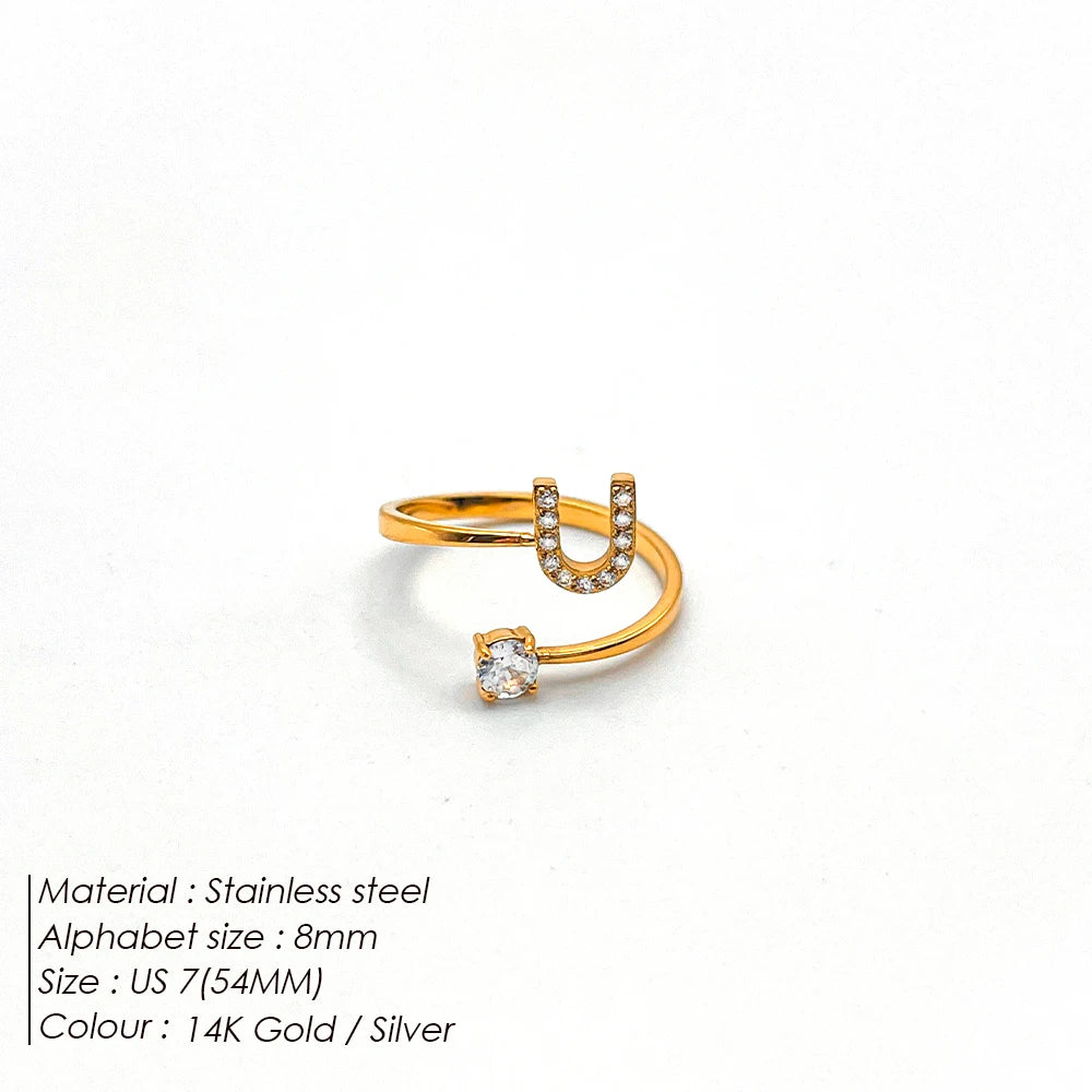 Modessie Classic Fashion Jewelry A-Z 26 Letters Ring Simple Stainless Steel Shiny Zirconia