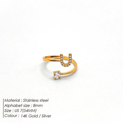 Modessie Classic Fashion Jewelry A-Z 26 Letters Ring Simple Stainless Steel Shiny Zirconia