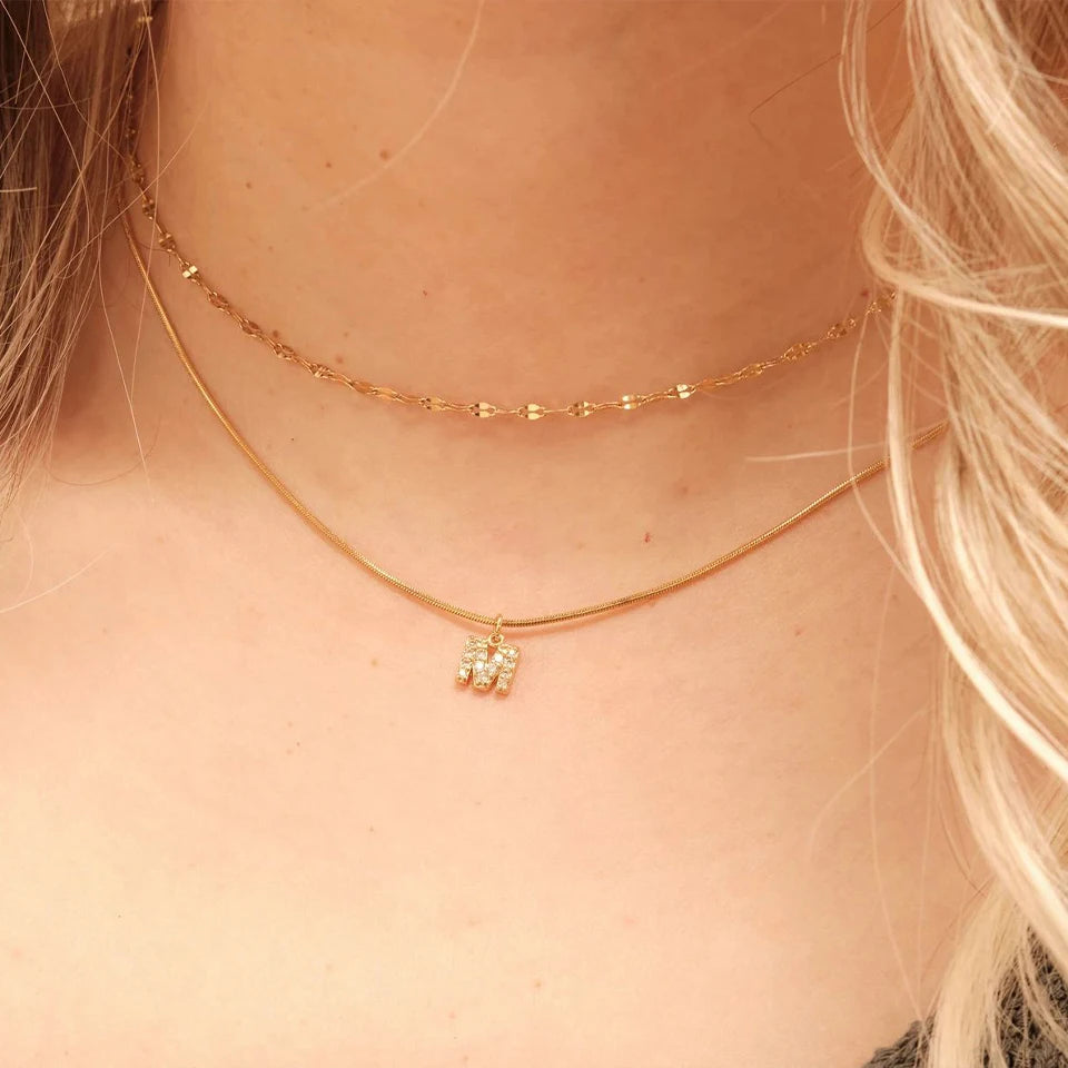 Modessie Double Stainless Steel Round Snake Chain Necklace Light Luxury Zirconia Alphabet Pendant A-Z High-end Fashion Jewelry