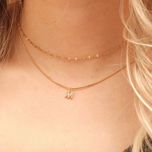 Modessie Double Stainless Steel Round Snake Chain Necklace Light Luxury Zirconia Alphabet Pendant A-Z High-end Fashion Jewelry