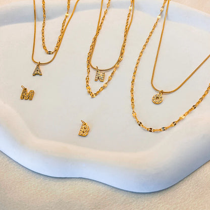 Modessie Double Stainless Steel Round Snake Chain Necklace Light Luxury Zirconia Alphabet Pendant A-Z High-end Fashion Jewelry