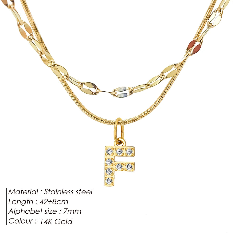 Modessie Double Stainless Steel Round Snake Chain Necklace Light Luxury Zirconia Alphabet Pendant A-Z High-end Fashion Jewelry