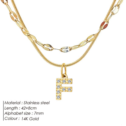 Modessie Double Stainless Steel Round Snake Chain Necklace Light Luxury Zirconia Alphabet Pendant A-Z High-end Fashion Jewelry