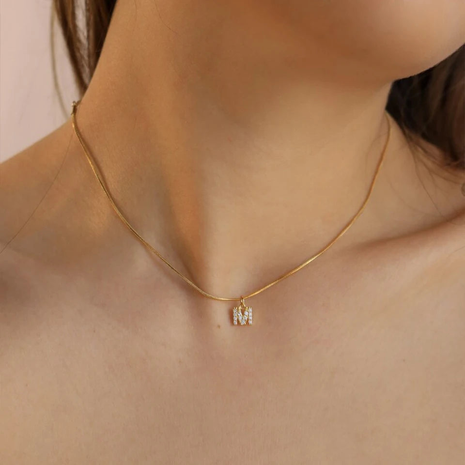 Modessie 14K Gold Plated Herringbone Snake Chain Double Zirconia Letter Pendant Necklace Stainless Steel