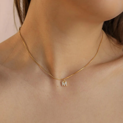 Modessie 14K Gold Plated Herringbone Snake Chain Double Zirconia Letter Pendant Necklace Stainless Steel