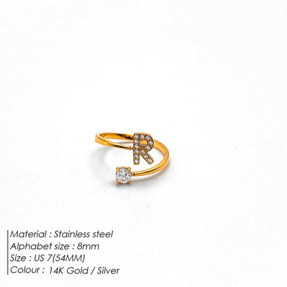Modessie Classic Fashion Jewelry A-Z 26 Letters Ring Simple Stainless Steel Shiny Zirconia